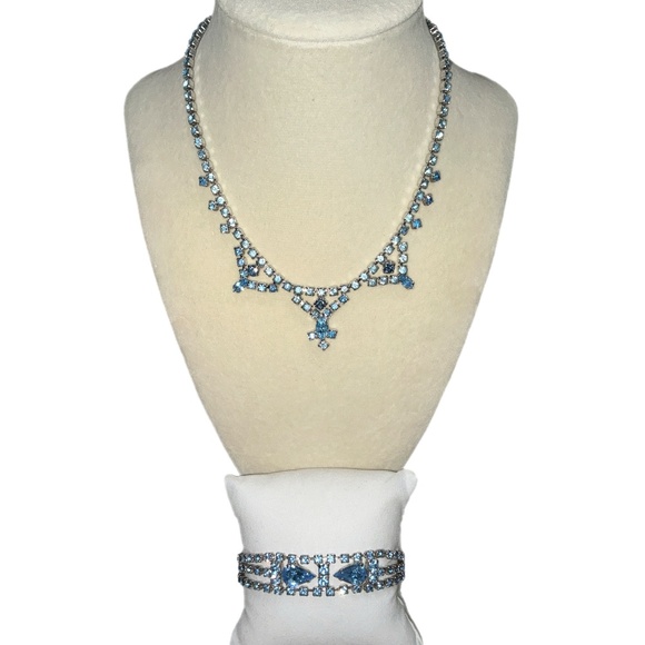 #14.  VINTAGE BABY BLUE SILVER TONE 16" RHINESTONE NECKLACE & MATCHING BRACELET - Picture 1 of 4